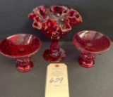 CRANBERRY FLUTED COMPOTE, 2 CANDLEHOLDERS