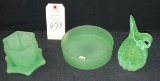 2 FROSTED GREEN CANDY DISHES, 1 PITCHER