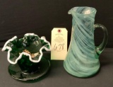 FLUTED EMERALD & WHITE VASE, GREEN & WHITE PITCHER