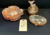 AMBER CARNIVAL FOOTED DISH, DIVIDED SNACK PLATES, COVERED CANDY DISH