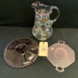 AMETHYST CANDLEWICK DIVIDED PLATE, PITCHER WITH FLUTED TOP, FROSTED PINK PLATE WITH HANDLES