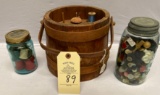 WOODEN SEWING BUCKET, 2 BLUE MASON JARS FULL OF THREAD AND BUTTONS