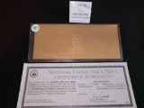 $100,000 GOLD LEAF TRIBUTE CERTIFICATE BY NATIONAL COLLECTORS MINT