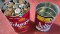 Two vintage coffee cans with 7 up bottle tops