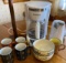 Black & Decker coffee pot, electric can opener, bowls and coffee cups