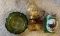 Green coin glass ashtray, amber coin glass lamp, and stein