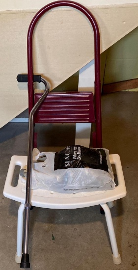 Metal stepladder, shower seat and cane