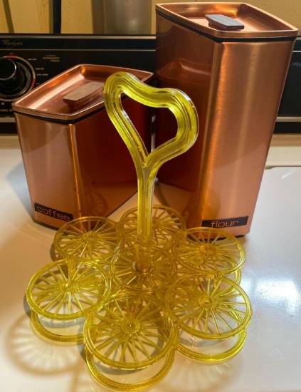 Vintage copper flour and coffee container and yellow tray