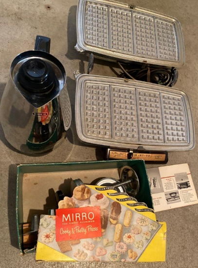 Vintage Mirro cookie and pastry press, waffle iron and coffee warmer