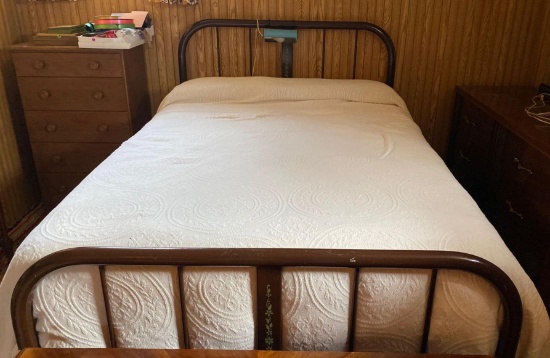 Vintage metal double bed including bedspread