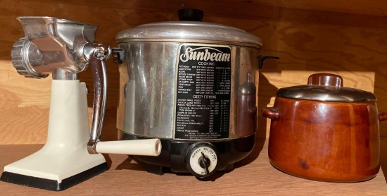 Hand grinder, Sunbeam deep fryer and ceramic pot