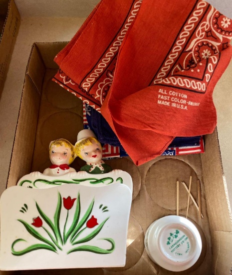 USA handkerchiefs and Tulip Tyme napkin holder and Carrigdhoun pottery