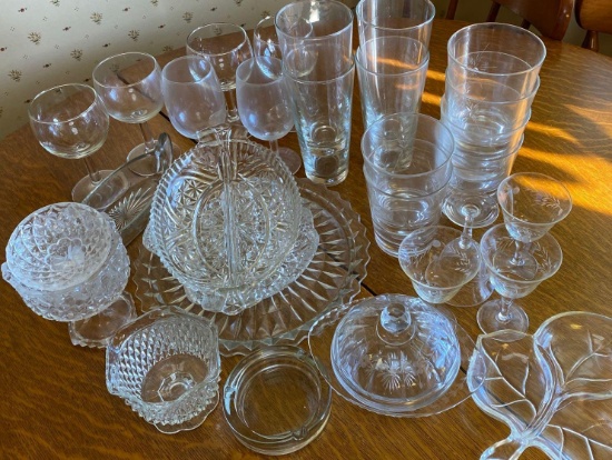 Etched and cut glass glasses and serving trays