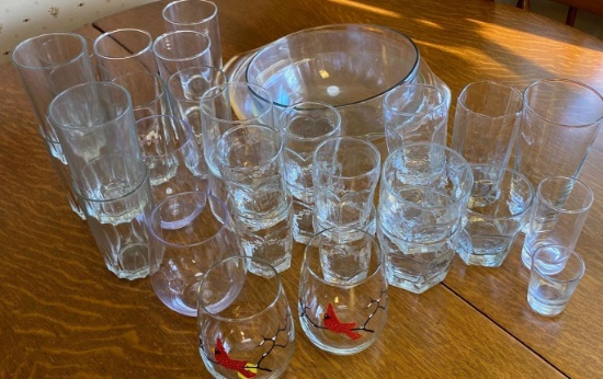 Clear kitchen glasses and serving bowls