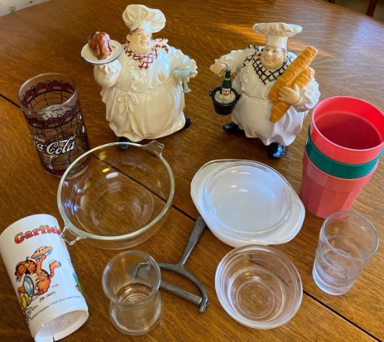 Coke glass, Garfield glass, miscellaneous Pyrex and kitchen items