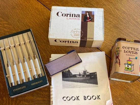 Stainless Germany knife set, coffee tin, cigar box and vintage cookbook