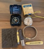 Westclox pocket watch, compass, pocket knives