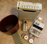 Paper shredder, calculator, trash can, mail sorter and weight machine
