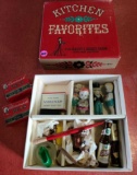 Old Knotts berry farm box, misc. Japan figures, Schlitz salt and pepper
