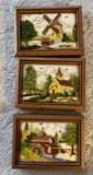Three small wooden tapestry pictures