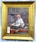 Antique painting of small child reading a book In a gold frame