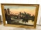 Antique oil on canvas painting of a drawbridge and castle