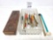 Misc. adv. pens/pencils, wood pencil box, glass dish