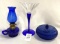 Cobalt blue clock face candy dish, stemmed glass with clear top, gas lantern