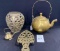 Brass trivet, tea kettle and vase