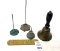 Antique bell (missing weight), manager sign, small oil tin and cast iron paper holders