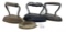 Three antique cast iron irons, one base