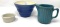 Crock pitcher, butter crock, and blue crock bowl