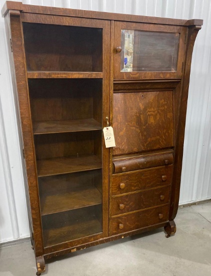 Antique drop front secretary with side curio on casters