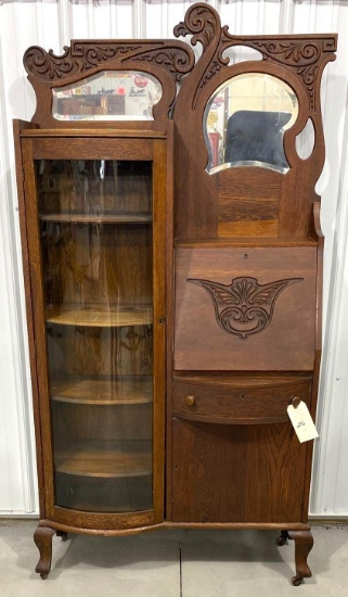 Antique drop front secretary on casters with side curio