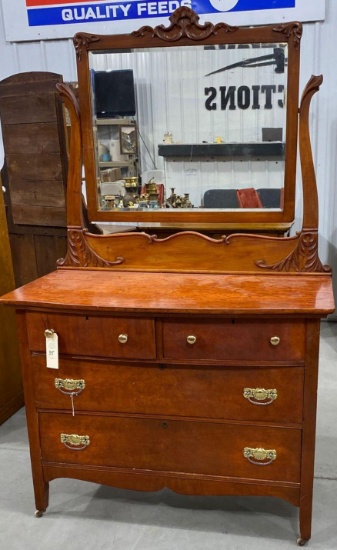 Cherry antique four drawer dresser with mirror on wheels
