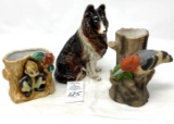 Made in Japan planter, ceramic bank collie, tree and bird