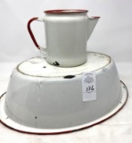 White enamelware bowl and coffee pot