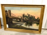 Antique oil on canvas painting of a drawbridge and castle