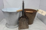 Two vintage buckets with bales and drain holes, ash shovel