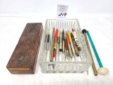 Misc. adv. pens/pencils, wood pencil box, glass dish