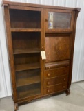 Antique drop front secretary with side curio on casters