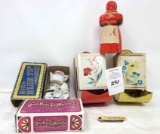 Two Ohio blue tip match boxes, misc. doll tea set, Aunt Jemima syrup disp.