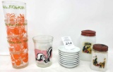 4- looney tune glasses, 8 butter pat dishes, 2 white sugar/pepper dispenser