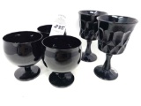 Three black amethyst wine glasses, 2 stemmed glasses