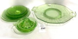 Vintage green depression handled plate, juicer and miscellaneous plates