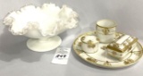 Unmarked footed milk glass compote with clear ruffled edges, Nippon set