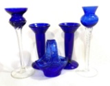 Romanian Europe cobalt Crystal Clear glass twisted stem, basket and candleholders