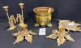 Brass bucket, angel candle holders, leaf candleholders and leaf plate