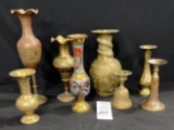 Antique brass vases, candle holders (one with bell)