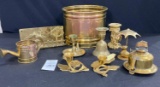 Brass flower pot, candle holders, napkin holder and bell